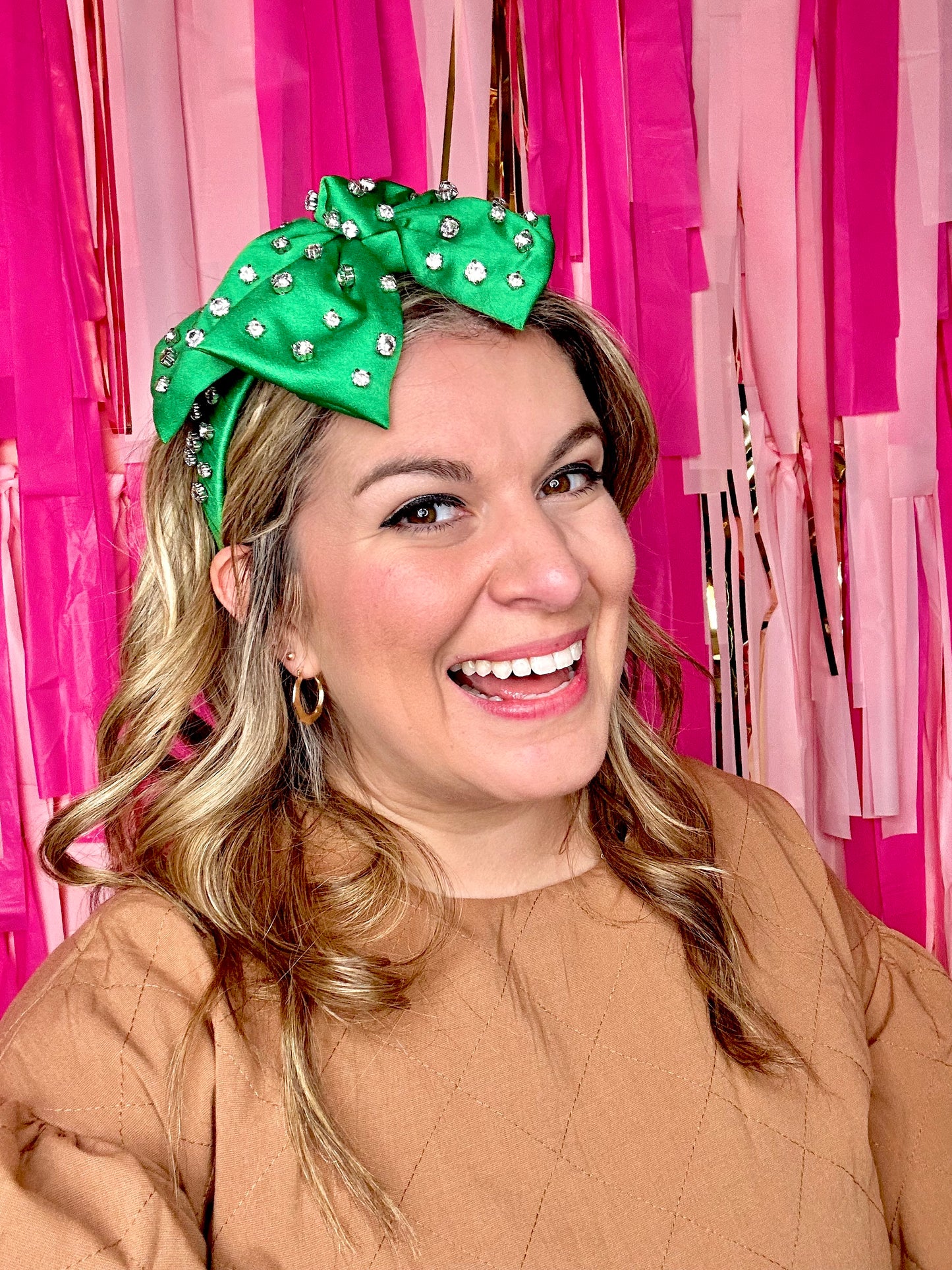 Headband with Bow and Rhinestones in Green