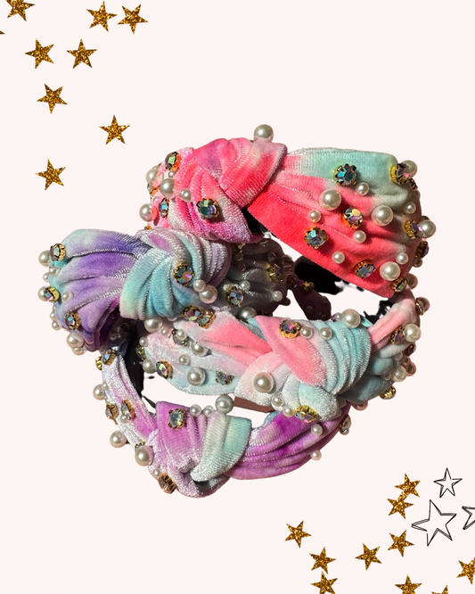 Tie Die Velvet Top Knot Headband with Rhinestones