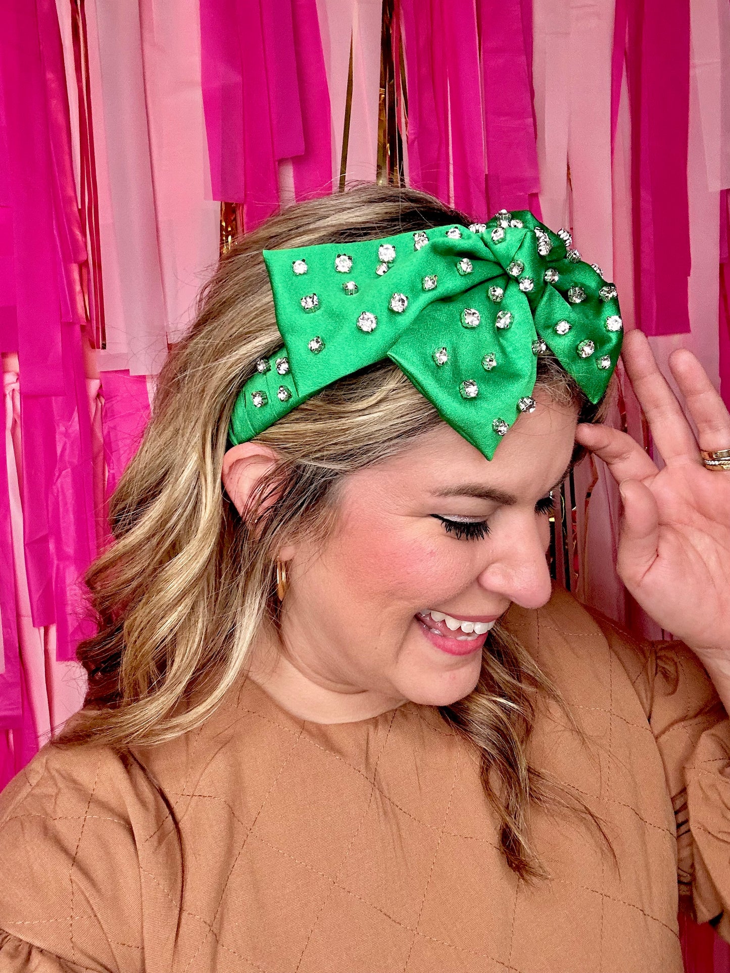 Headband with Bow and Rhinestones in Green