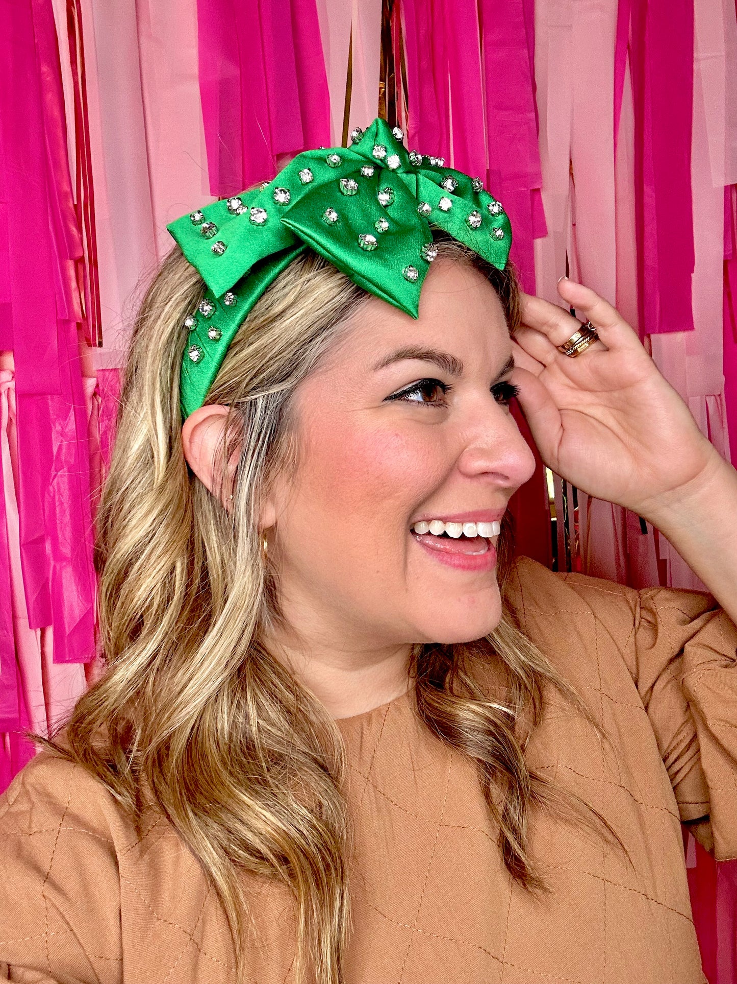 Headband with Bow and Rhinestones in Green