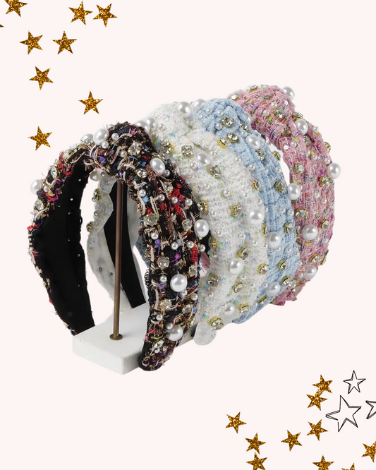 Tweed Top Knot Rhinestone and Pearl Headband