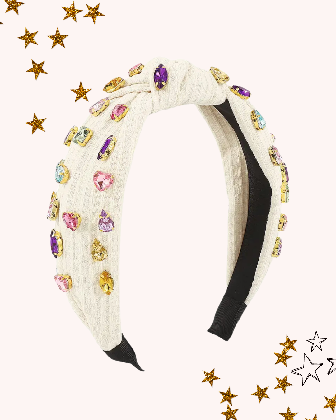 Waffle Knit Top Knot Headband with Colorful Rhinestones