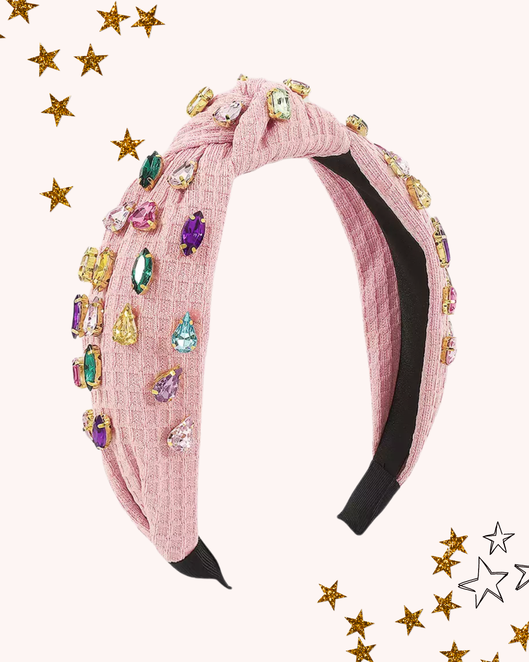 Waffle Knit Top Knot Headband with Colorful Rhinestones