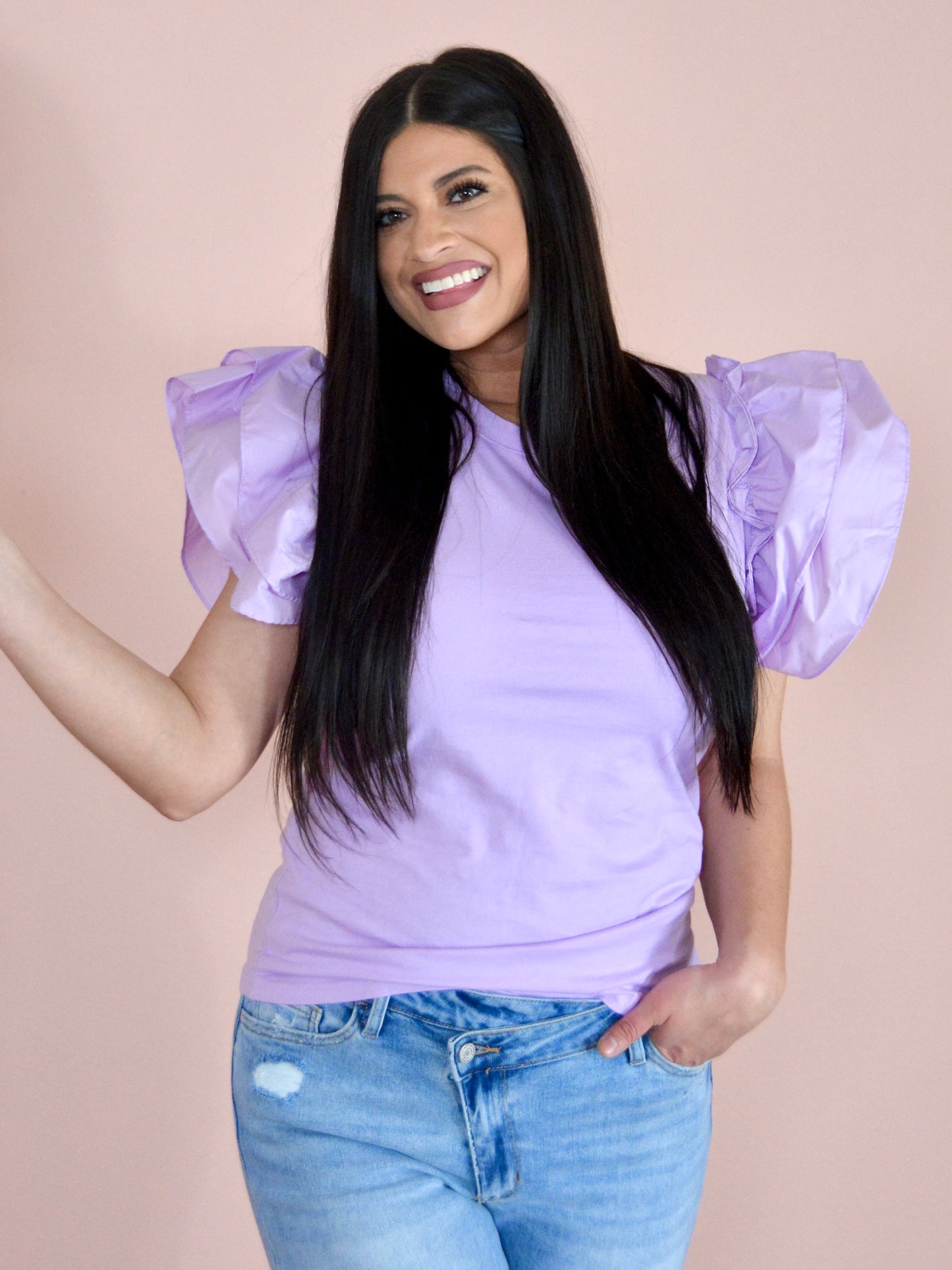 Feelin' Festive Flutter Ruffle Sleeve Top in Lilac